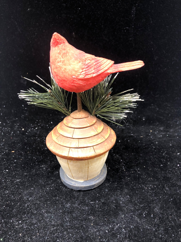 RESIN CARDINAL BIRDHOUSE FIGURE.
