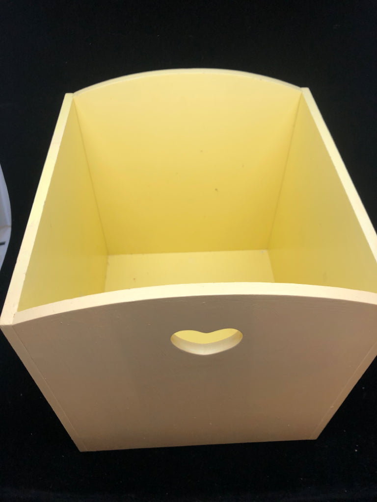 YELLOW WOODEN BIN W/HEART CUT OUT.