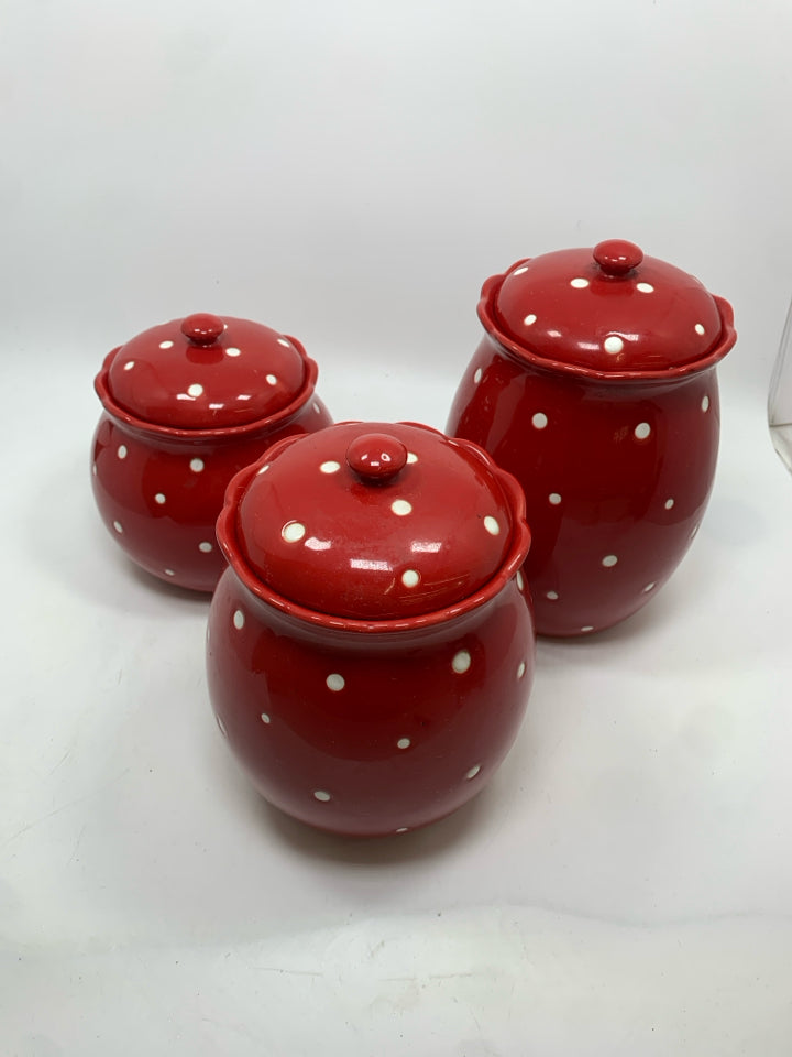 3PC RED POLKA DOT CANISTERS.