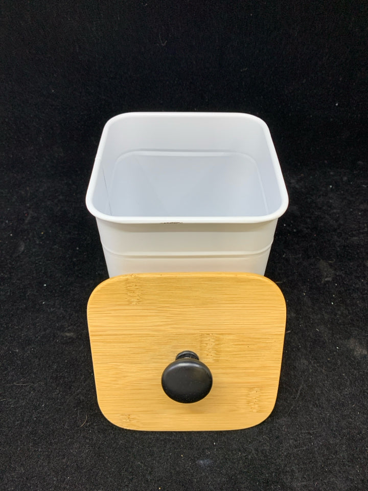 METAL CANISTER W/ BLONDE WOOD LID.