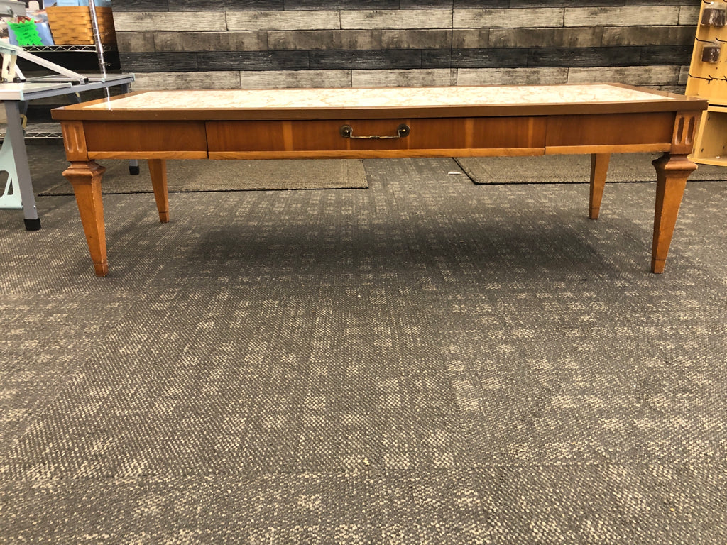 VTG LONG COFFEE TABLE W/ MARBLE ENAMEL TOP W/ DRAWER LANE FURNITURE.