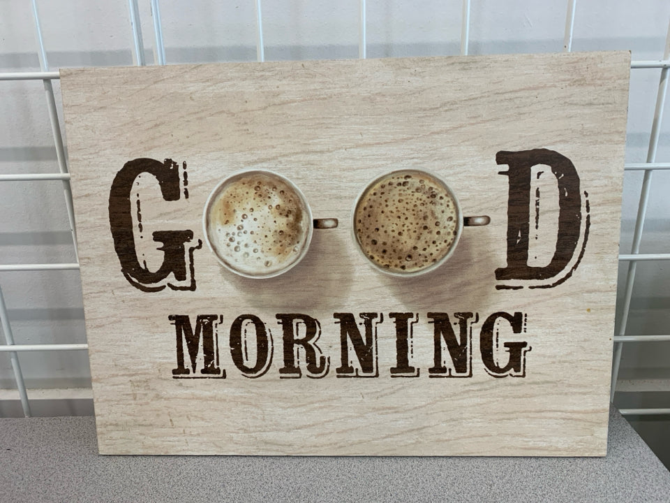 GOOD MORNING WOOD COFFEE SIGN.