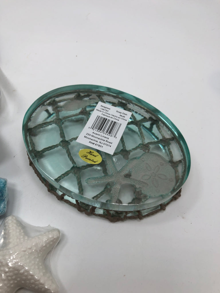 SEAGLASS SOAP DISH W/SEA-THEMED SOAPS.