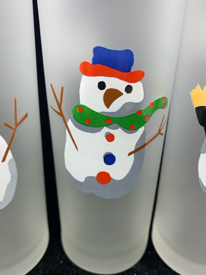 4 TALL FROSTED GLASSES W/ SNOWMEN.