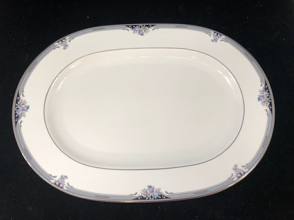 BLUE FLORAL W SILVER PLATTER.