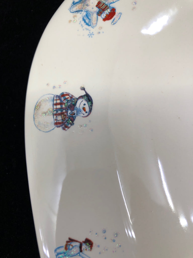 WHITE RECTANGLE GLITTER SNOWMAN SERVING PLATTER.