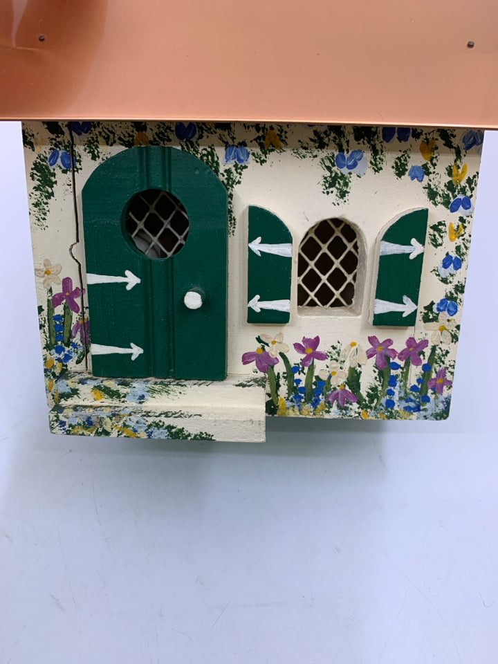 HANDMADE PAINTED DECORATIVE BIRD HOUSE W/ COPPER ROOF & MUSIC BOX BY KAREN PENNE