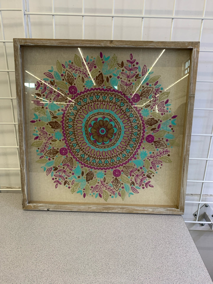 FLORAL MANDALA DESIGN IN CLEAR WOOD FRAMED WALL ART.
