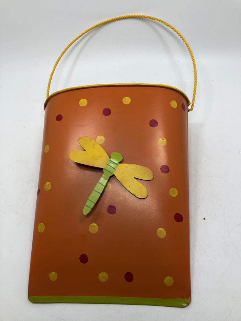 ORANGE METAL WALL POCKET W/DRAGONFLY.