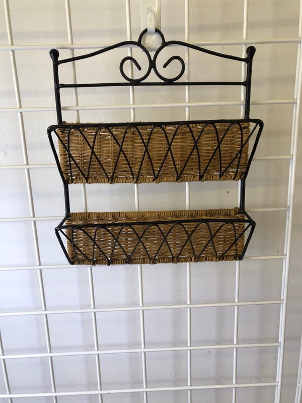 2 TIER HANGING METAL WIRE AND WICKER MAIL ORGANIZER.