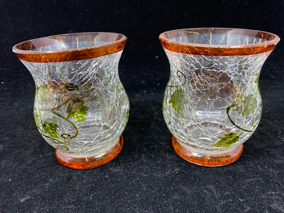 2 CRACKLE GLASS W PUMPKINS TEA LIGHT HOLDERS.