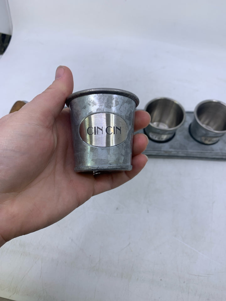 GALVANIZED TRAY W/ 4 SMALL GLASSES DRINK FLIGHT.