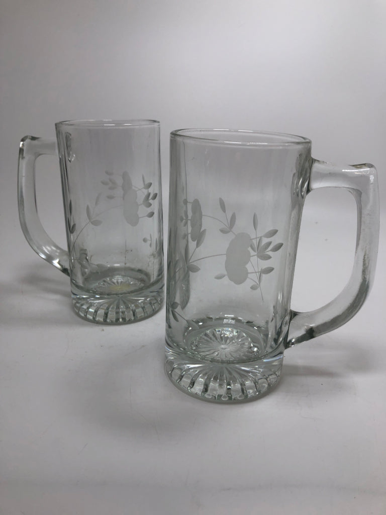2 HERITAGE CRYSTAL STEIN W/ETCHED FLOWERS.