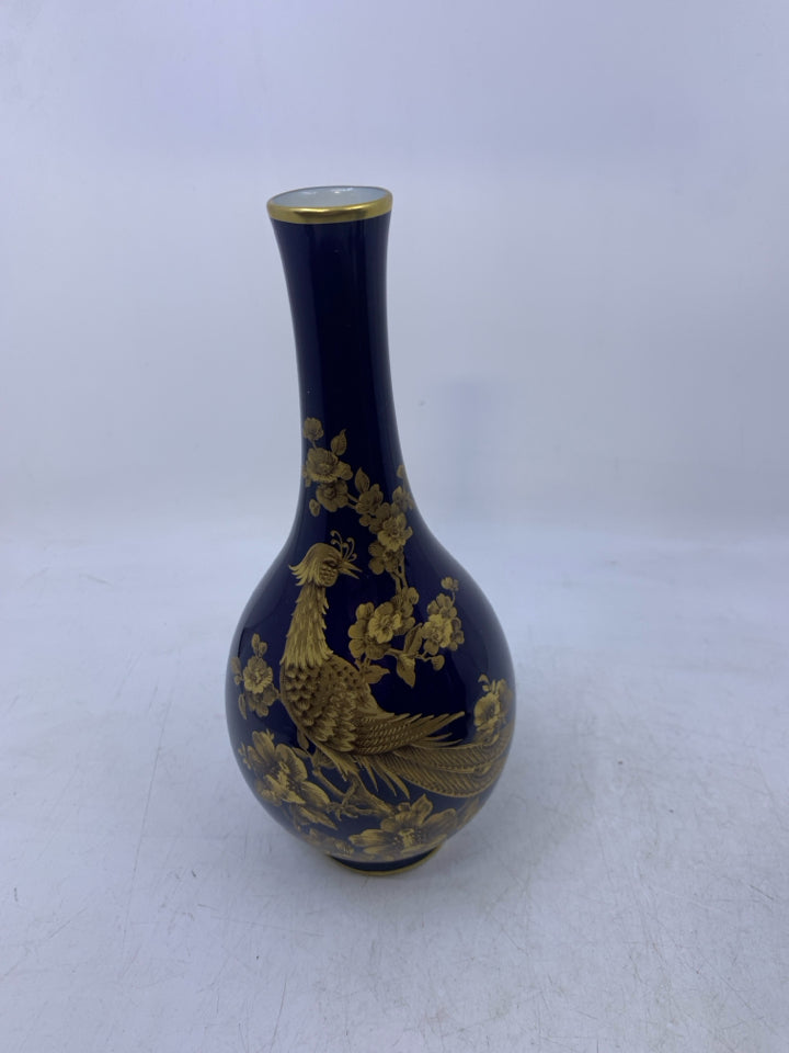 COBALT BLUE VASE W/ GOLD DETAILED BIRD SKINNY NECK.