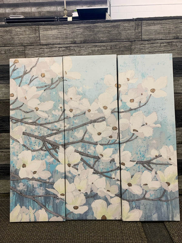 3PC WHITE FLOWERS ON A TREE W/ BLUE BACKGROUND CANVAS WALL ART.