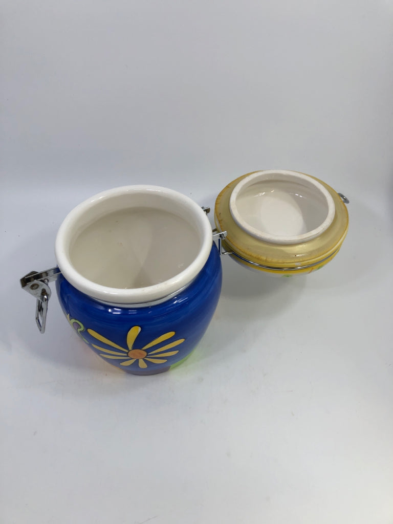 CERAMIC FLIP-TOP CANISTER HAND PAINTED FLORAL DESIGNS W/ STRIPE LID.