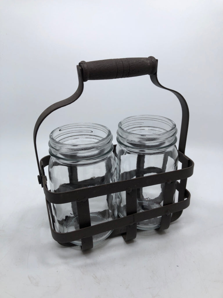 PRIMITIVE CAST IRON BASKET W/TWO MASON JARS DECOR.