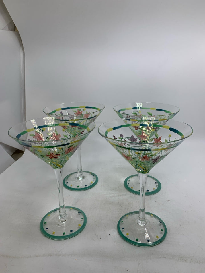 4 FLORAL PAINTED MARTINI GLASSES.