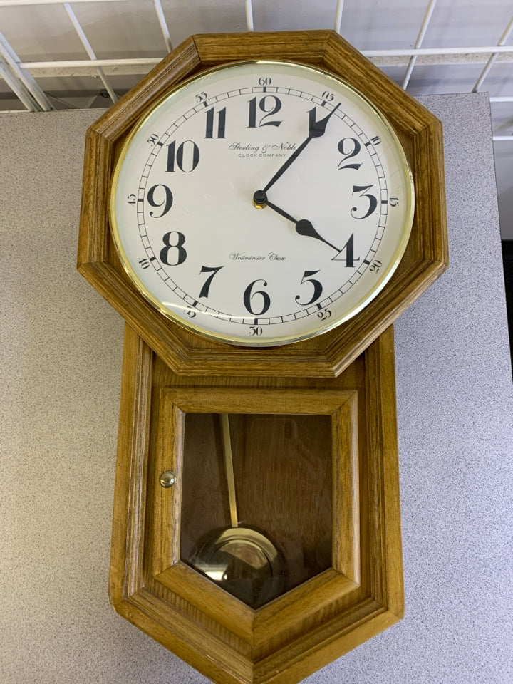 WOODEN CLOCK W/PENDULUM & CHIME STERLING & NOBLE.