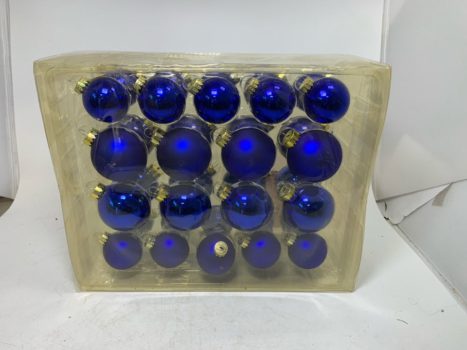 NIP COBALT BLUE 36 COUNT OF GLASS ORNAMENTS.