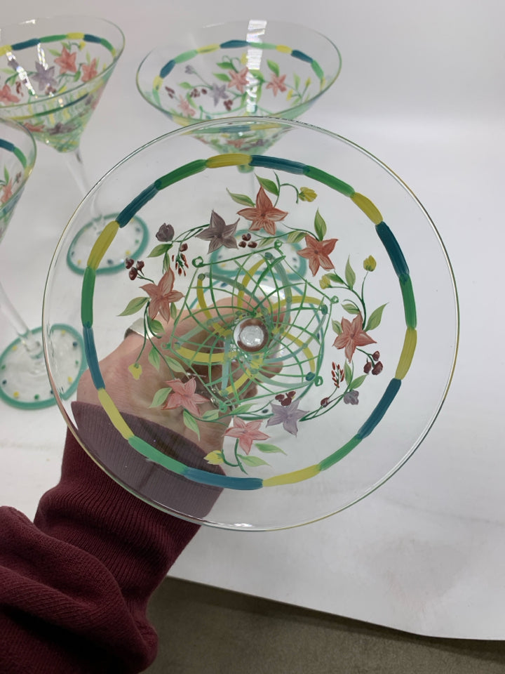 4 FLORAL PAINTED MARTINI GLASSES.