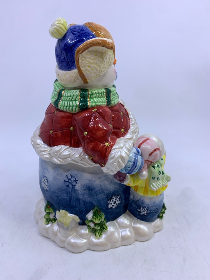 CERAMIC SNOWMAN W/2 SNOW CHILDREN COOKIE JAR.