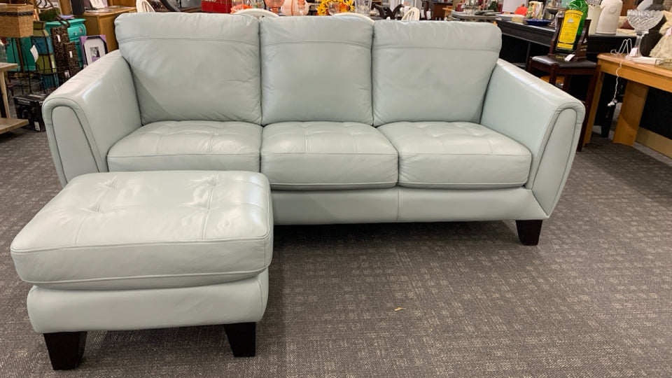 PALE BLUE LEATHER SOFA W/OTTOMAN.