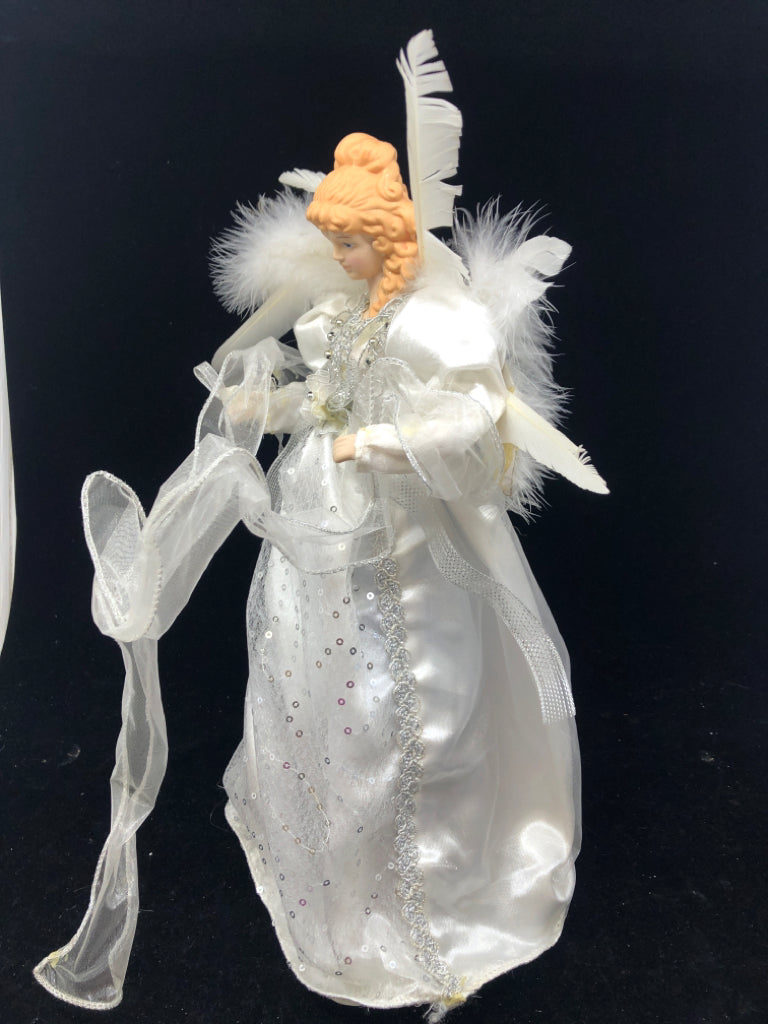 ANGEL TREE TOPPER IN WHITE/SILVER DRESS.