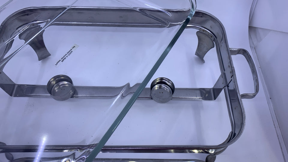 SILVER METAL RECTANGLE CHAFING DISH W GLASS INSERT AND LID.