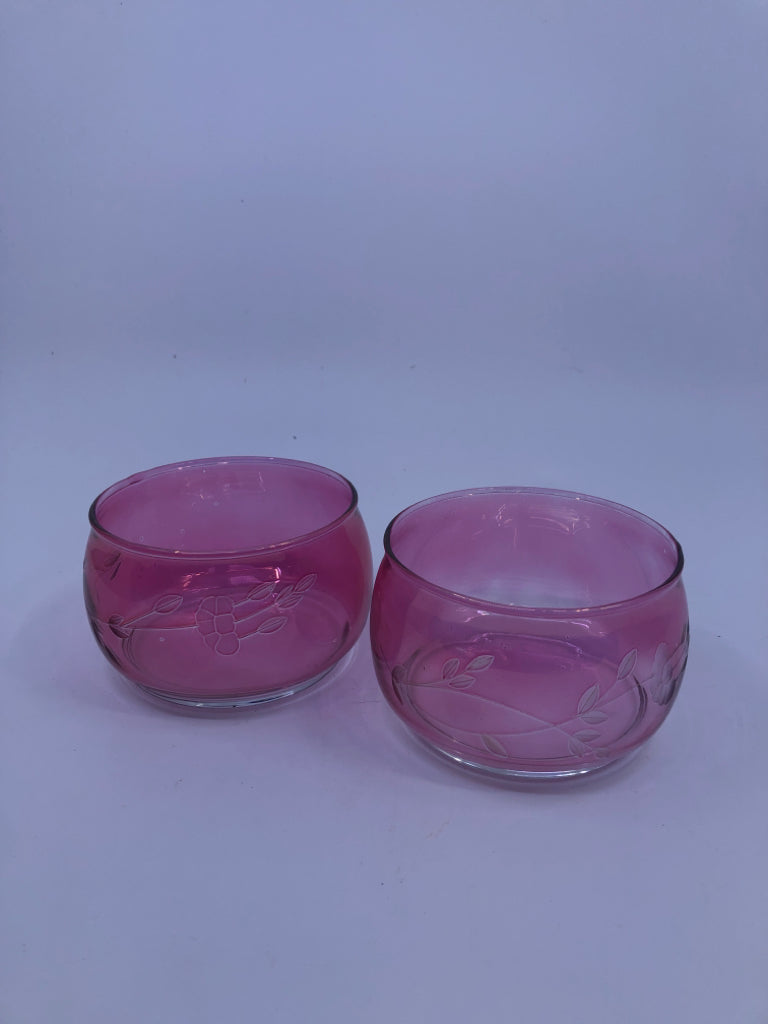 2 LIGHT PINK EMBOSSED GLASS CANDLE HOLDERS.