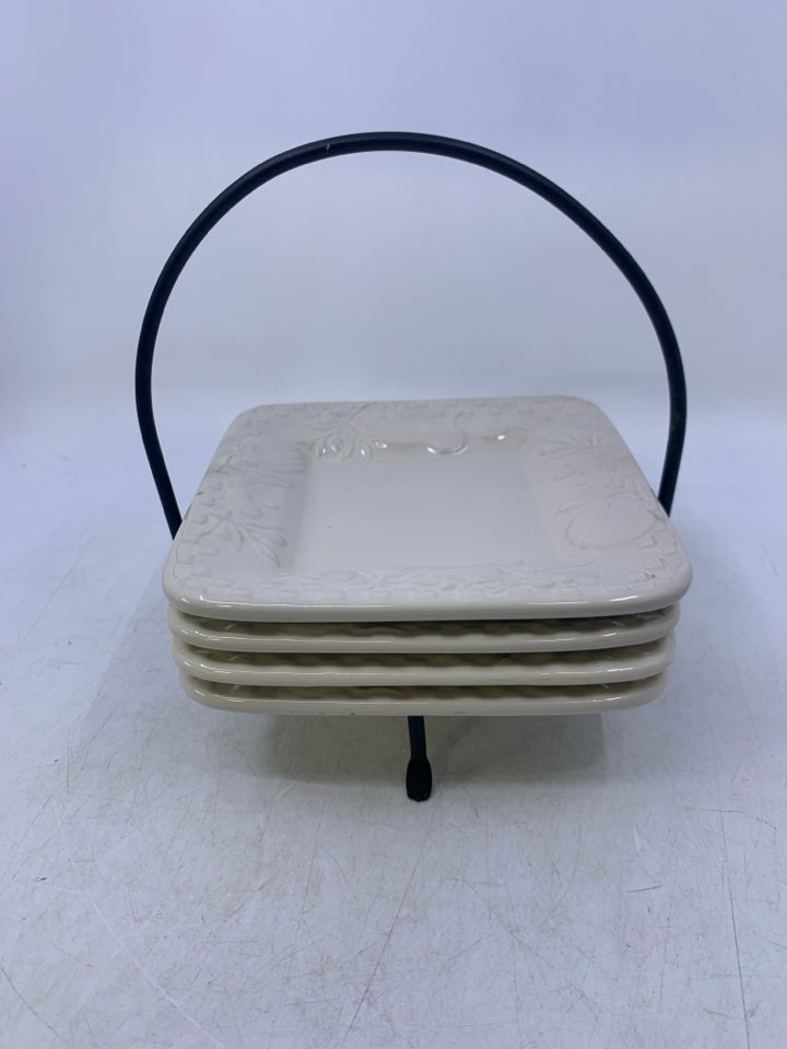4 EMBOSSED FRUIT SQUARE SNACK PLATES IN BLACK STAND.