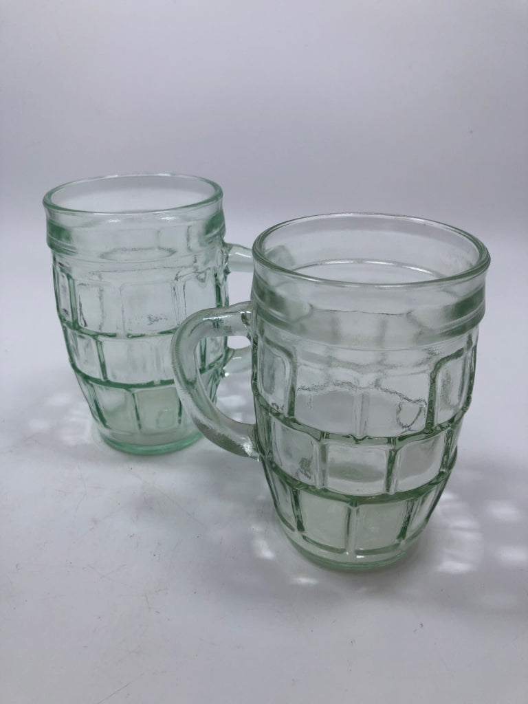 2 WINDOWPANE PALE GREEN GLASS MUGS.