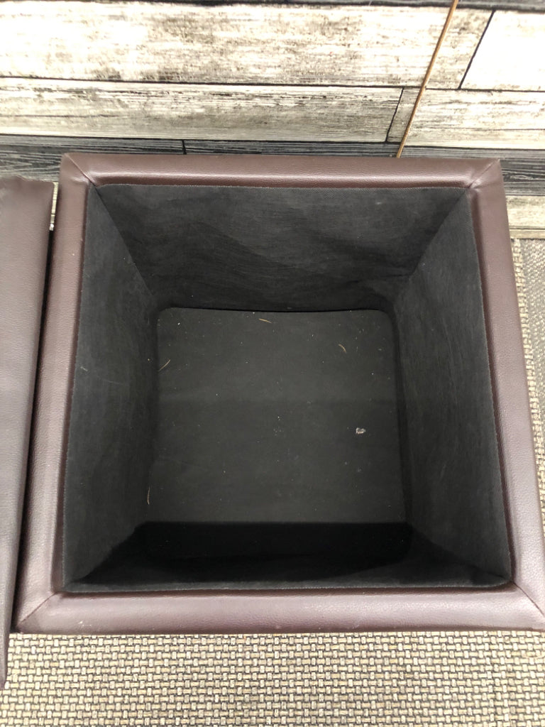 BROWN FAUX LEATHER STORAGE CUBE.