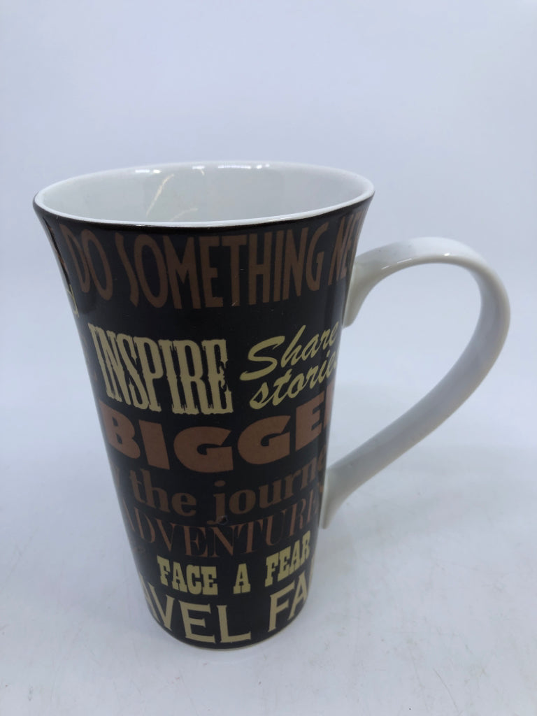 TALL BROWN MUG W/ INSPIRE WORDS.