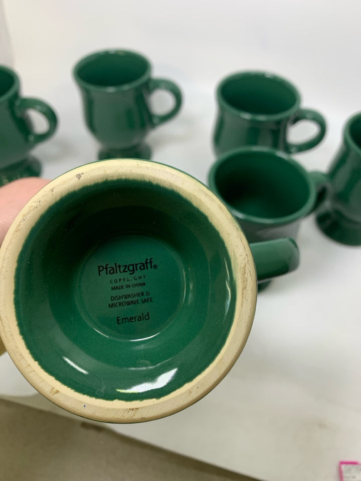 6 DARK GREEN FOOTED MUGS.