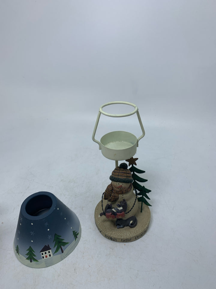 PRIMITIVE STYLE SMALL SNOWMAN HOLDING CAT LAMP TEA LIGHT HOLDER.