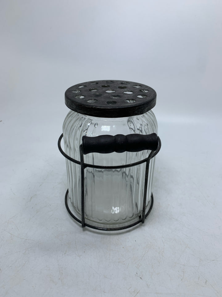 RIBBED GLASS FLOWER FROG W/ METAL TOP/STAND.