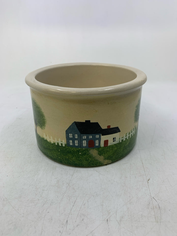 CROCK W/ PRIMITIVE STYLE HOUSES,TREES AND BARN.