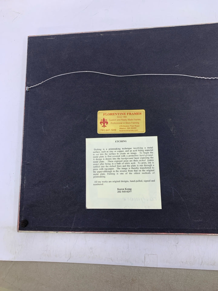 SWALLOW BUTTERFLY ETCHING SIGNED BY ARTIST IN GOLD DETAILED FRAME.