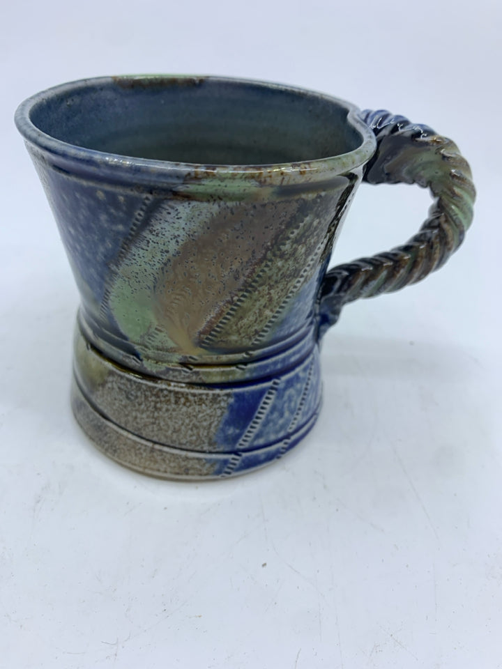 2 BLUE GREEN POTTERY MUG W BRAIDED HANDLE.