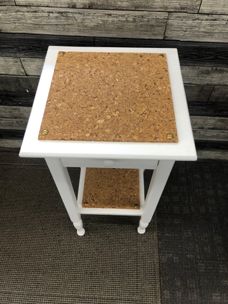 TALL 2-TIER WHITE SIDE TABLE W/CORK TOP.