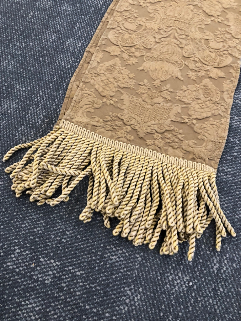 BROWN TABLE RUNNER W/DAMASK PATTERN+GOLD TASSELS.