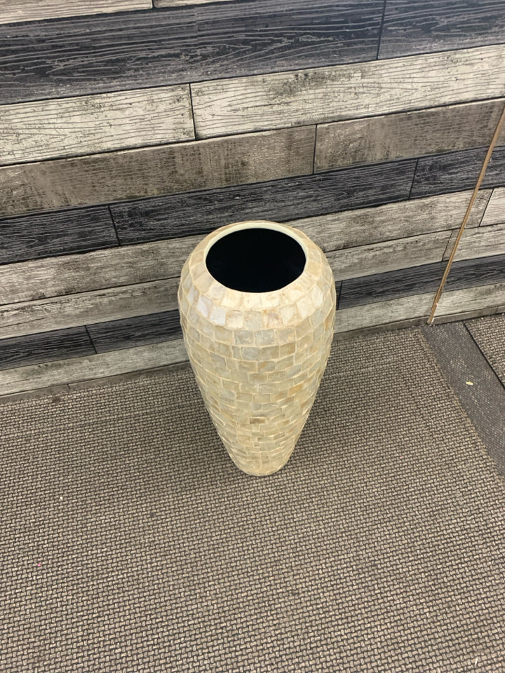 LARGE HEAVY MOSAIC MOTHER OF PEARL VASE.