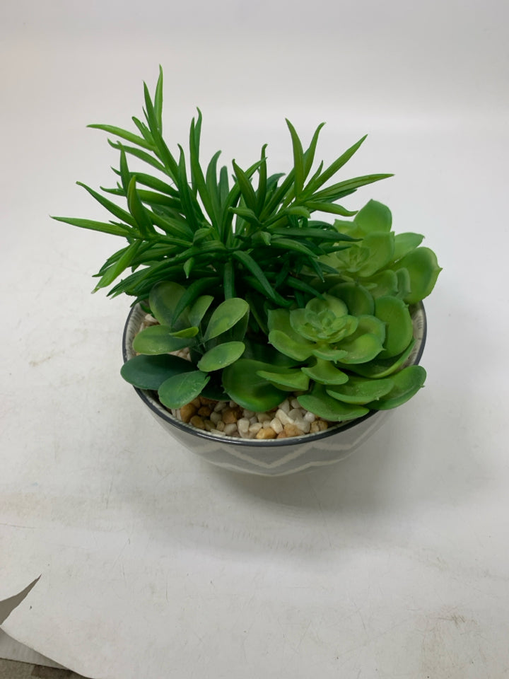 GREY ZIG ZAG BOWL W/ FAUX SUCCULENTS.