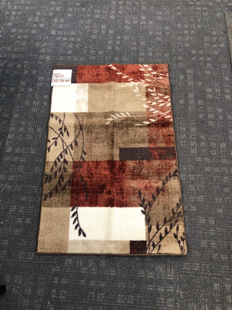 MAPLES HIGHLAND ACCENT RUG TAN & RED W/BROWN BORDER & THIN BRANCHES.