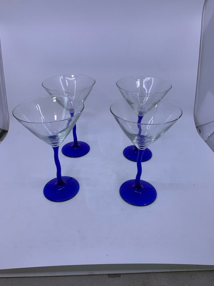 4 BLUE WAVY STEM MARTINI GLASSES.