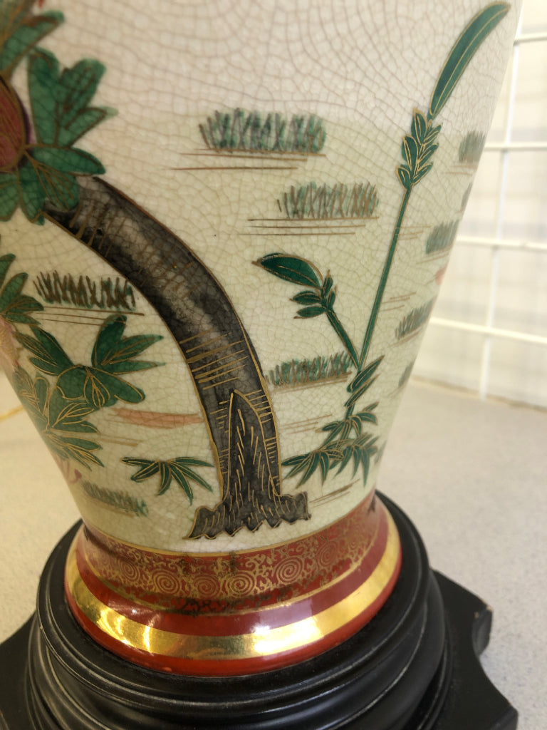 VTG PEACOCK STYLE LAMP W/DARK WOOD BASE & WHITE SHADE.