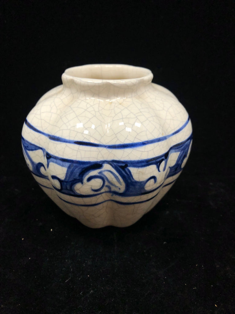 BLUE BUNNY CRACKLE POTTING SHED POTTERY VASE.