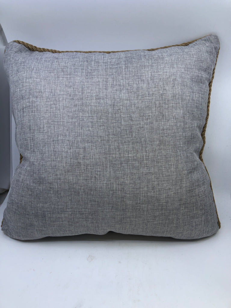 LIGHT GREY SQUARE PILLOW W/ LARGE BUTTONS/ROPE TRIM.