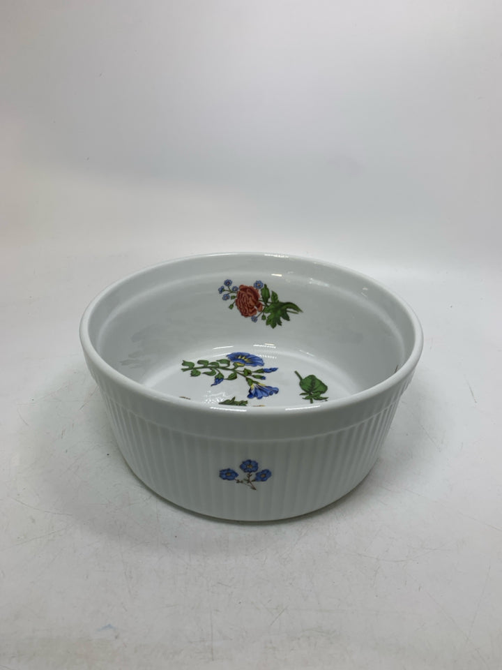 VTG COROLINE PATTERN FLOWERS/BUTTERFLIES RIBBED CIRCLE BAKING DISH.